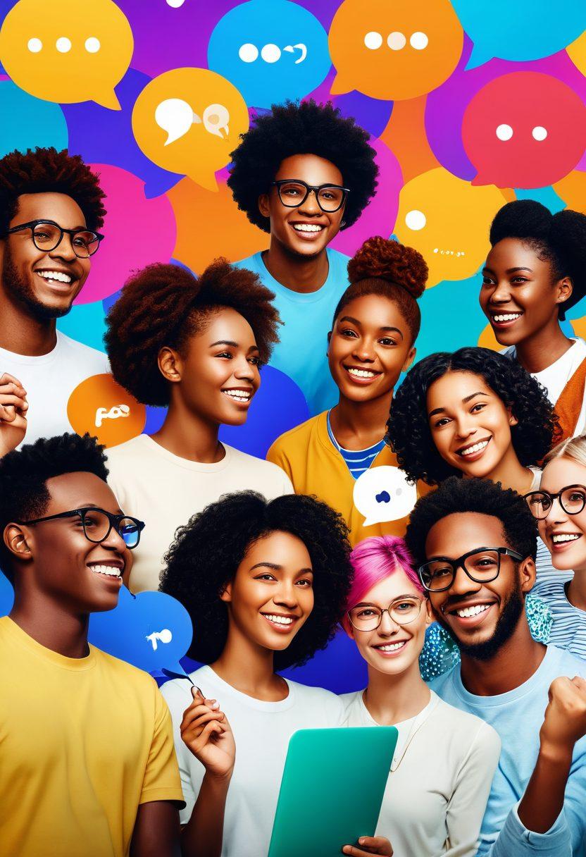 A diverse group of people joyfully engaging with each other on a digital platform, showcasing various interactions like discussions and collaborations. A vibrant and interconnected web symbolizing community connections is in the background, with elements like chat bubbles and social media icons. Emphasize warmth and inclusivity, highlighting the power of unity in online engagement. super-realistic. vibrant colors. 3D.