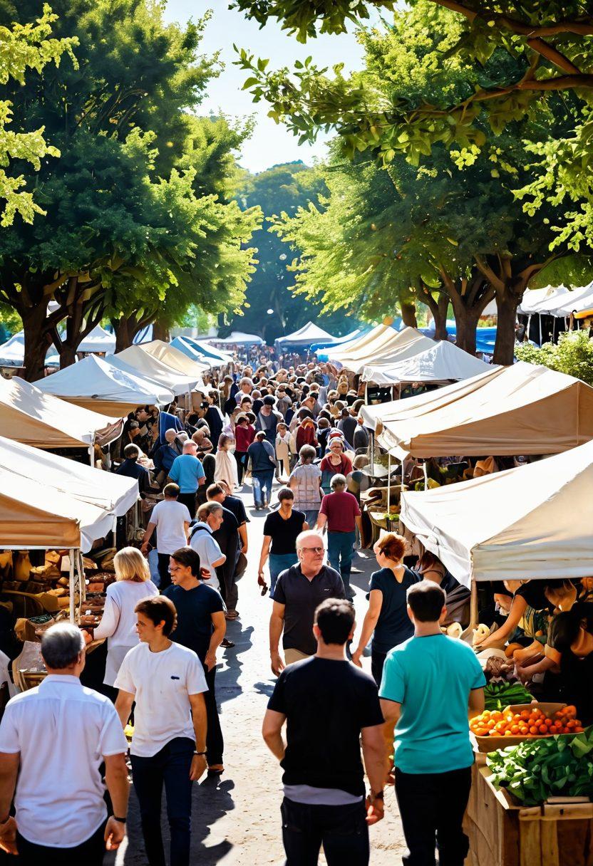 A vibrant scene of a diverse group of people interacting in a bustling marketplace, showcasing stalls filled with handmade goods and local produce. In the background, digital screens display community events and engagement activities. Bright sunlight filters through trees, creating a warm, inviting atmosphere. The community members are smiling and engaging with each other, symbolizing connection and collaboration. super-realistic. vibrant colors. outdoor setting.
