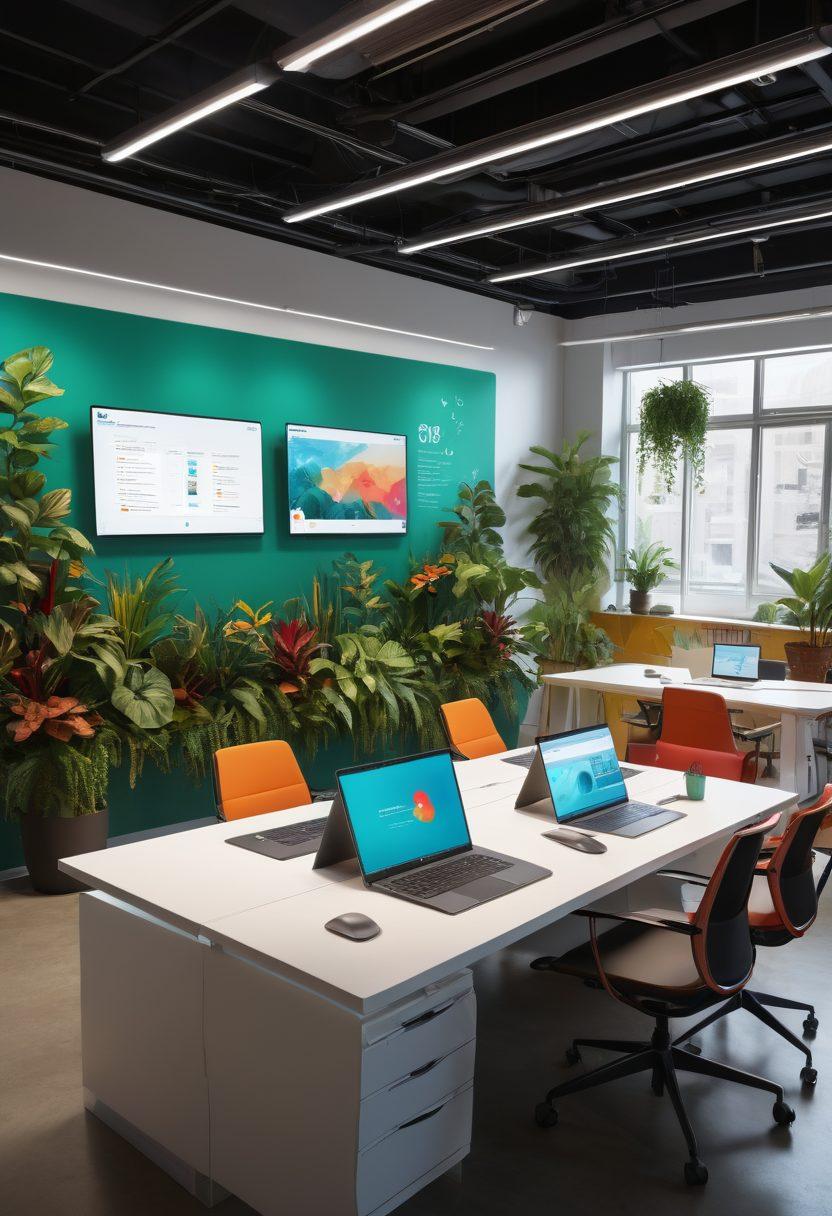 A dynamic workspace environment showcasing a diverse team collaborating over digital tools and solutions for enhanced communication. Include vibrant screens displaying the Wyoo platform, notes, and colorful graphics illustrating collaboration ideas. The team should be engaged, using tablets and laptops, surrounded by plants and creative decor. Emphasize inclusivity and innovation with bright, collaborative colors. super-realistic. vibrant colors.
